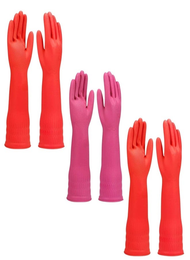 MPR4 Rubber | Reusable | Heavy Duty | Hand Gloves For Dishwashing | Gardening | Kitchen Cleaning Non-Slippery kitchen | Food Processing | Industrial Long Elbow Length Red and Pink, 3 Pairs - Image 1